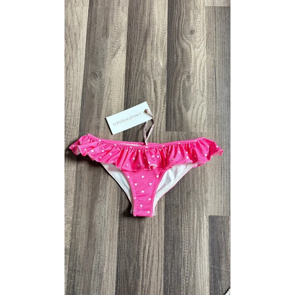 $95 NWT LoveShackFancy Girls Bikini Bright Pink Multi Polka Dot Ruffle Size 3-4Y